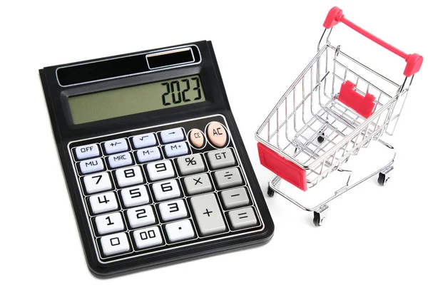 Calculator Shopping Cart White Background Concept Shopping Grocery Shopping — Stock fotografie