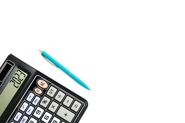 Calculator Turned Ballpoint Pen White Background — Stock Fotó