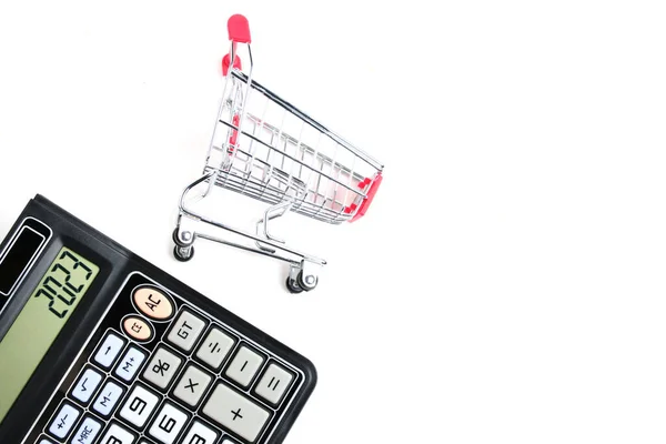 Calculator Shopping Cart White Background Concept Shopping Grocery Shopping — Foto Stock