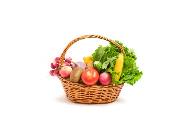 Fruits Vegetables Wicker Basket White Background — Foto de Stock