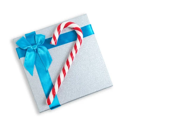 Christmas Gift Box Blue Bow Red White Candy Form Cane — 스톡 사진