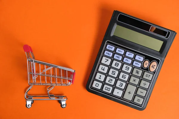Shopping Cart Calculator Orange Background Family Budget Shopping — 스톡 사진