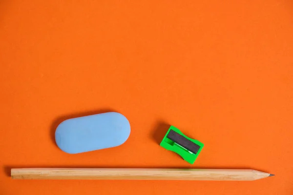 Simple Pencil Sharpener Eraser Orange Background Office School Supplies — Fotografia de Stock