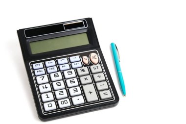 Calculator turned off and a ballpoint pen on white background