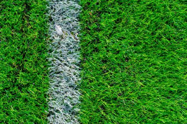 Futbol sahasında işaretleri olan taze yeşil çimenler.