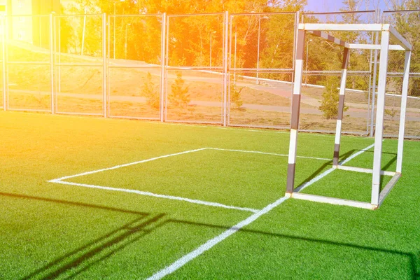 Campo Fútbol Con Gol Césped Verde Recién Puesto Contra Sol —  Fotos de Stock