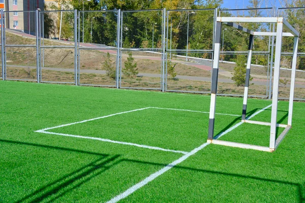 Campo Fútbol Con Puerta Césped Verde Recién Puesto —  Fotos de Stock