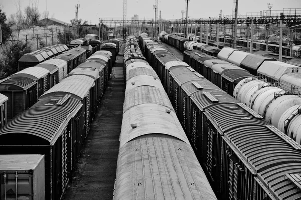 Freight railway cars at railway station.Freight cars top view.Concept of industry and industrial
