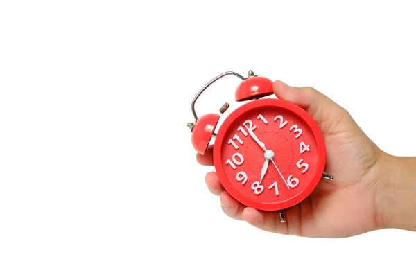 Reloj Despertador Rojo Mano Sobre Fondo Blanco — Foto de Stock