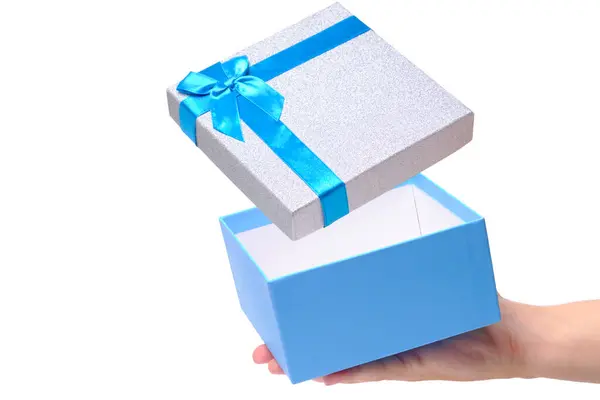 Caja Regalo Azul Abierto Con Arco Acostado Brazo —  Fotos de Stock