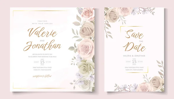 Modèle Invitation Mariage Avec Décoration Florale Feuilles — Image vectorielle