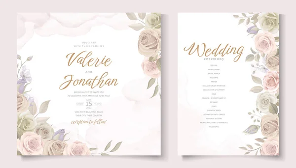 Hochzeitseinladungsvorlage Set Mit Blumen Und Blätterdekoration — Stockvektor