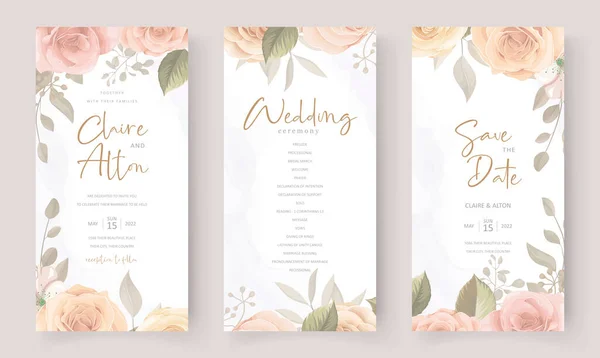 Plantilla Invitación Boda Con Hermosas Flores Hojas — Vector de stock