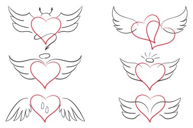 Collection of hand drawn hearts with wings