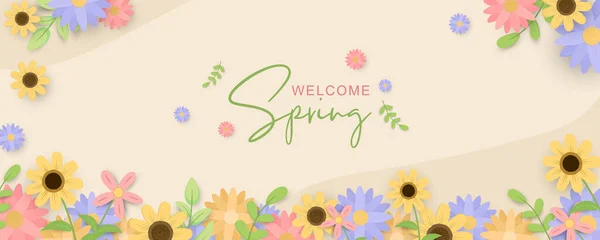 Beautiful Hand Drawn Spring Flower Banner — Stock Vector