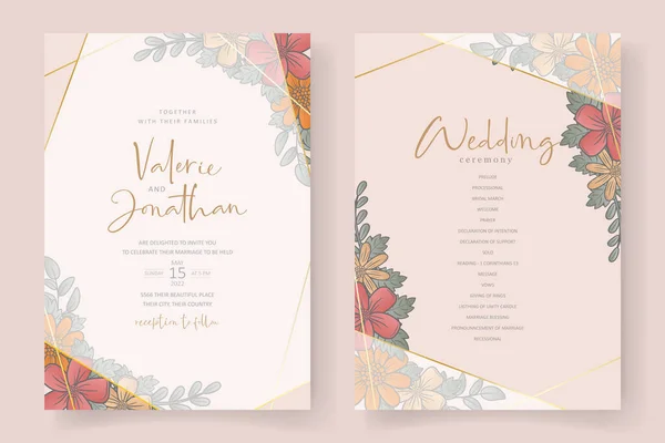 Templat Undangan Pernikahan Dengan Garis Luar Bunga Warna Gradien - Stok Vektor
