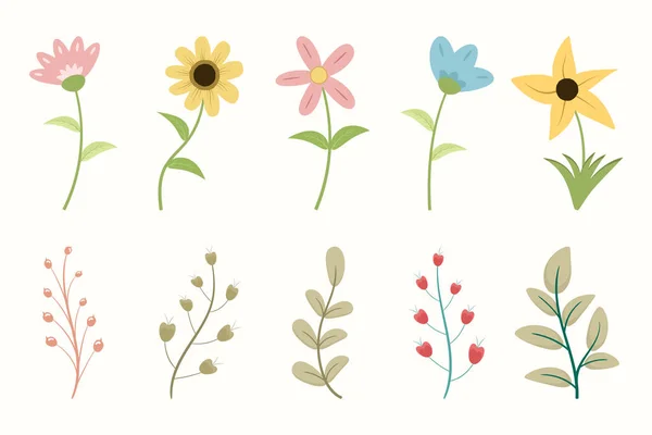Collection Dessinée Main Fleurs Printemps — Image vectorielle