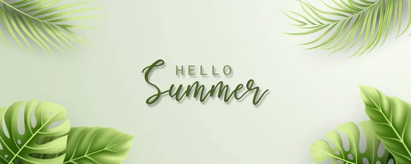Elegant Summer Banner Realistic Tropical Leaves — Stok Vektör
