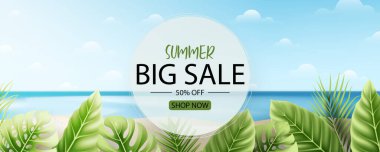 Tropikal yaprak arkaplanlı yaz indirimi afişi tasarımı