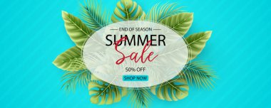 Tropikal yaprak arkaplanlı yaz indirimi afişi tasarımı