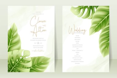 Gerçekçi tropik yapraklı düğün davetiyesi konsepti