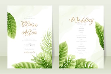 Gerçekçi tropik yapraklı düğün davetiyesi konsepti