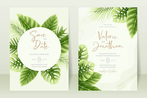 Hochzeitseinladungskonzept Mit Realistischen Tropischen Blättern — Stockvektor