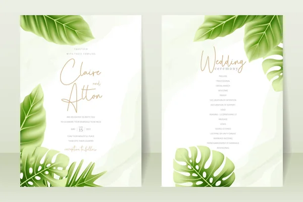 Concepto Invitación Boda Con Hojas Tropicales Realistas — Vector de stock