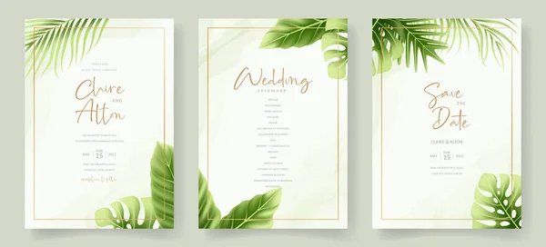 Wedding Invitation Template Realistic Tropical Summer Leaves — Stockvektor