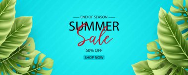 Tropikal yaprak arkaplanlı yaz indirimi afişi tasarımı