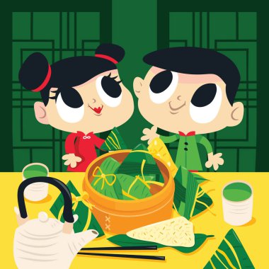 Pirinç köftesi ve çayla sevimli bir kız ve erkek çocuğunun çizgi film çizimi..