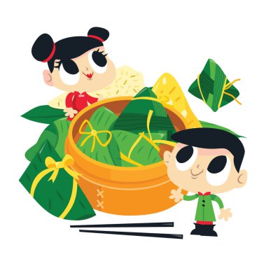 Kocaman bir sepetin etrafında pirinçli tatlı bir kız ve erkek çocuğunun çizgi film çizimi..