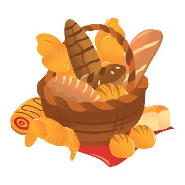 Bir sepet etrafındaki çeşitli fırın ekmeğinin karikatür vektör çizimi.