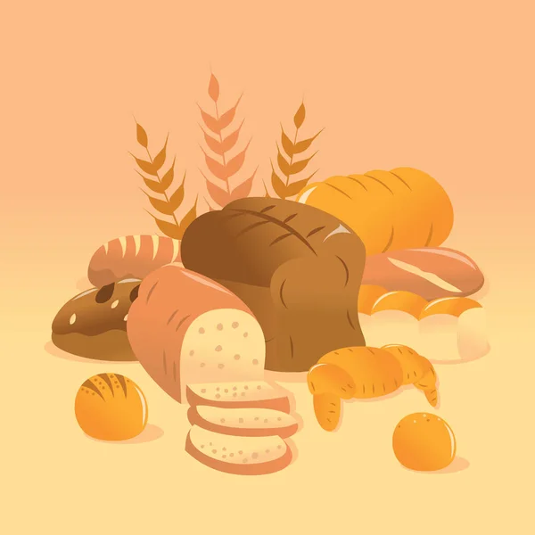 Een Cartoon Vector Illustratie Van Diverse Bakkerij Brood Beige Achtergrond — Stockvector