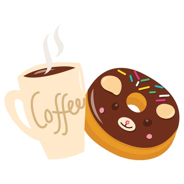 Cartoon Vector Illustration Cute Teddy Bear Donut Cup Hot Coffee — Stock Vector