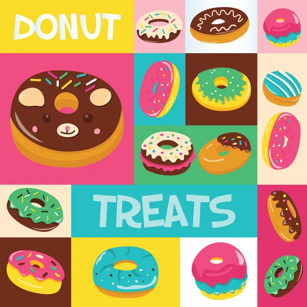 Ein Cartoon Vektor Illustration Von Verschiedenen Niedlichen Bunten Donuts Mosaik — Stockvektor