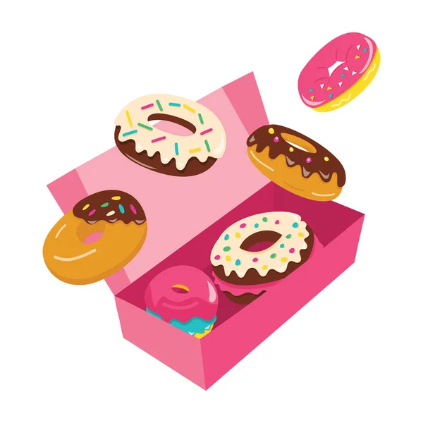 Cartoon Vector Illustration Box Colorful Donuts — Stock Vector