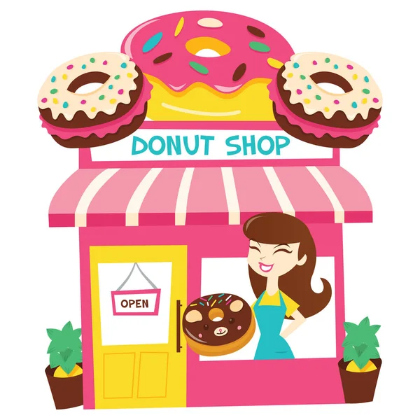Eine Cartoon Vektor Illustration Eines Donut Ladens Und Ladenbesitzers Fenster — Stockvektor