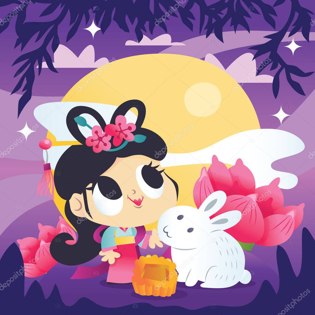 A cartoon vector illustraiton of a chinese mid autumn festival with the goddess Chang Er and rabbit in a garden.