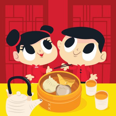 Lokantada Çin mantısı yiyen tatlı bir çocukla kızın çizgi film çizimi..