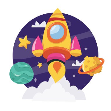 Koyu mavi gökyüzüne karşı süper şirin sarı bir roketin çizgi film çizimi..