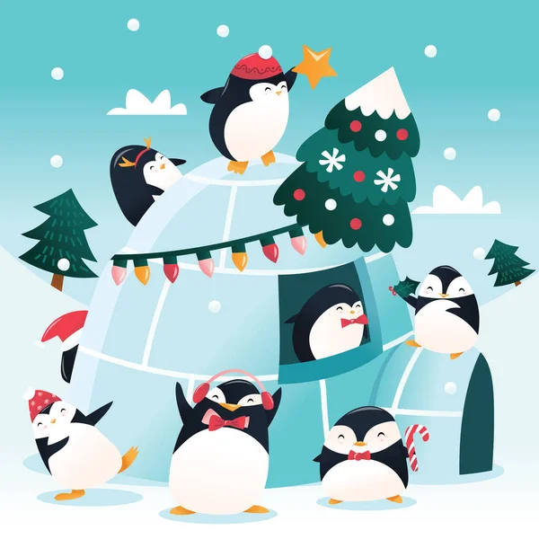 Cartoon Vector Illustration Group Cute Penguins Christmas Decorating Igloo Winter — Stock Vector