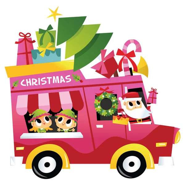 サンタとエルフとかわいいクリスマストラックの漫画ベクトルイラスト — ストックベクタ