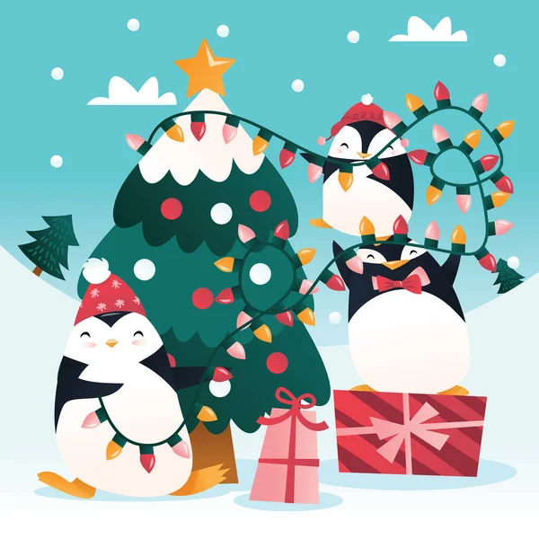 Cartoon Vector Illustration Group Cute Penguins Decorating Christmas Lights Tree — Stock Vector