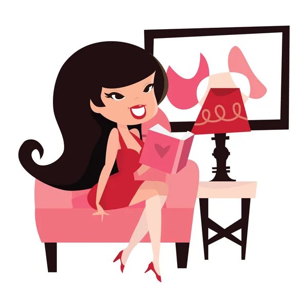Cartoon Vector Illustration Cute Retro Pinup Girl Reading Book Living — Stock Vector