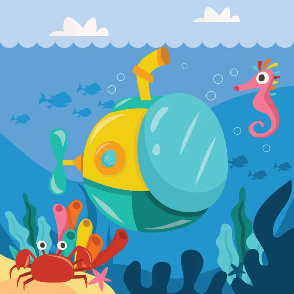 Cartoon Vector Illustration Aqua Submarine Underwater — Stock Vector