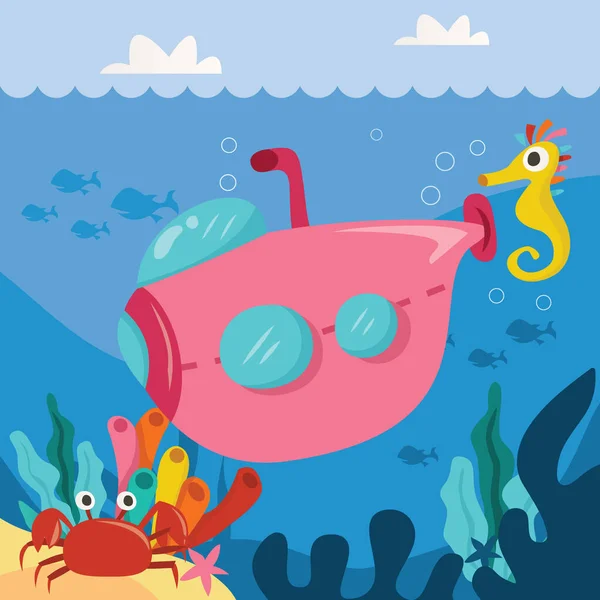 Cartoon Vector Illustration Pink Submarine Underwater — Stock Vector