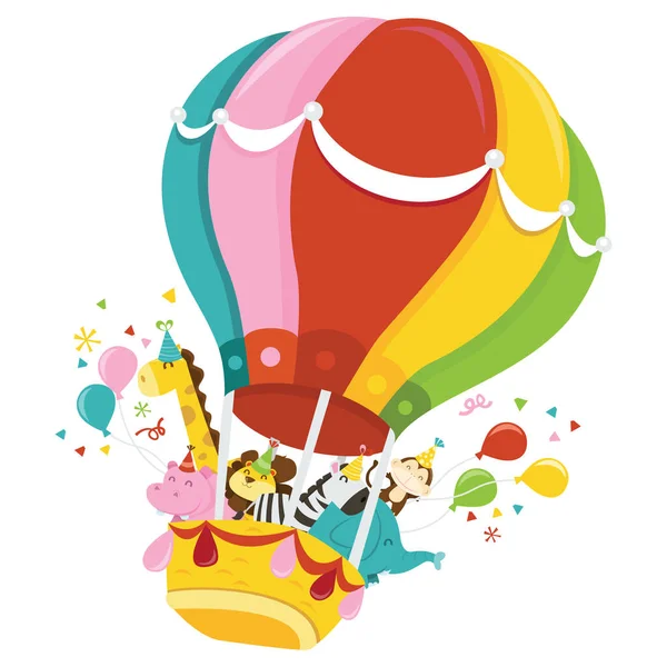 Cartoon Vector Illustration Group Happy Jungle Animals Hot Air Balloon — Stock Vector