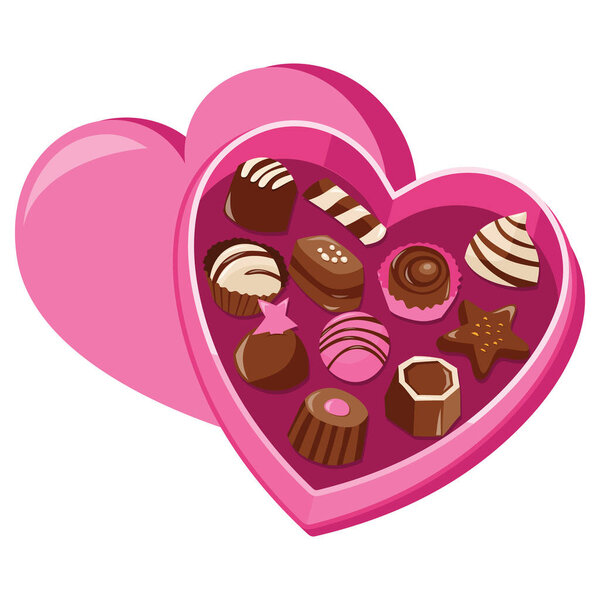 A cartoon vector illustration of chocolates in heart shape box.