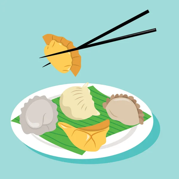Cartoon Vector Illustration Various Chinese Dumplings Plate Pair Chopsticks — Stock Vector